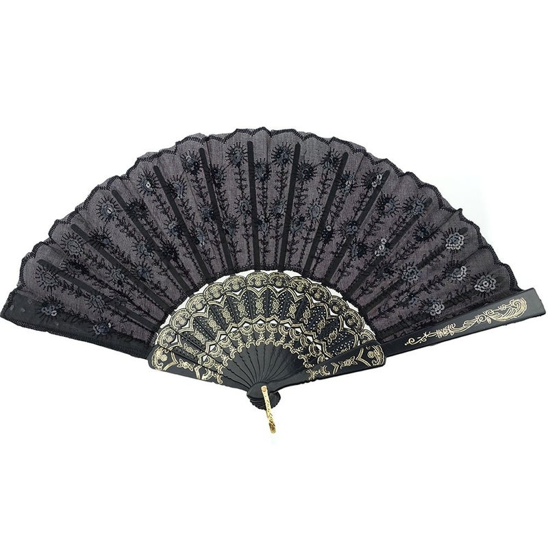 InnoLife Elegant Colorful Embroidered Flower Peacock Pattern Sequin Fabric Folding Handheld Hand Fan Hand-Crafted (Full Set - 10pcs Mixed Colors) - Image 4